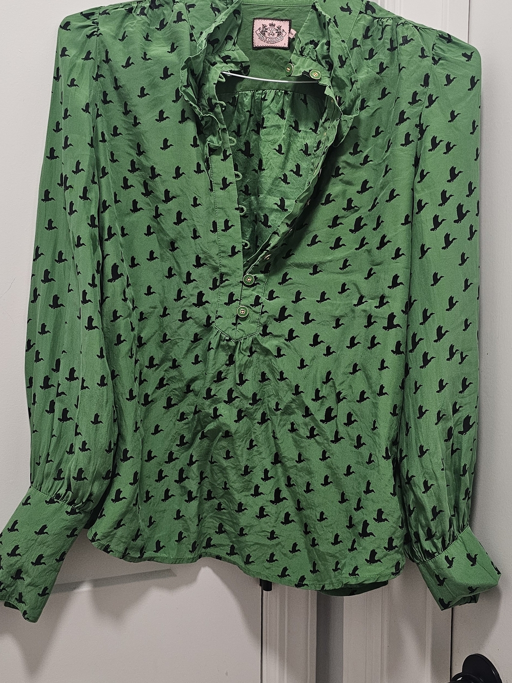 Juicy Couture Green Bird-Print Ruffle Blouse